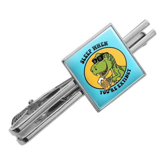Sleep When Your Extinct Dinosaur Funny Humor Square Tie Bar Clip Clasp Tack- Silver or Gold