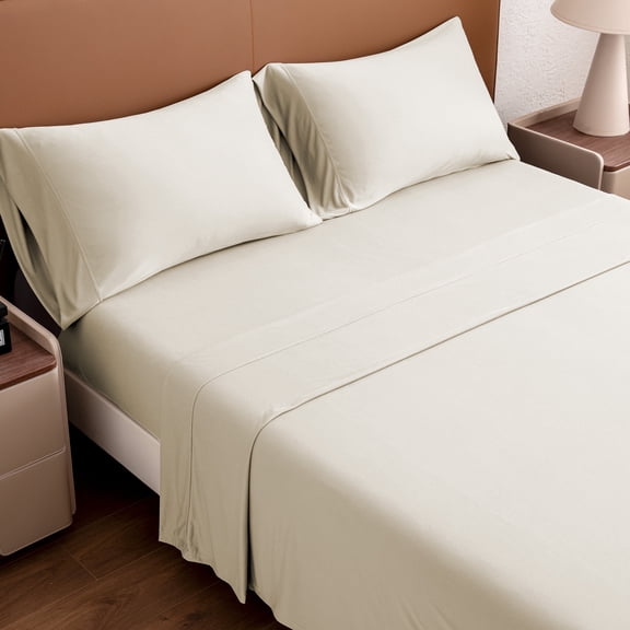 Sleep Zone Jersey Knit Sheet Set, Beige Full, 4 Pieces, 14 Inch Deep Pocket Bedding