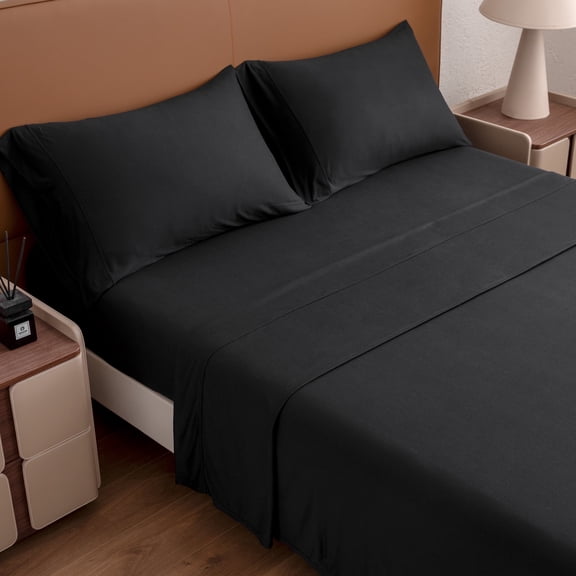 Sleep Zone Jersey Knit Sheet Set, Black Full, 4 Pieces, 14 Inch Deep Pocket Bedding