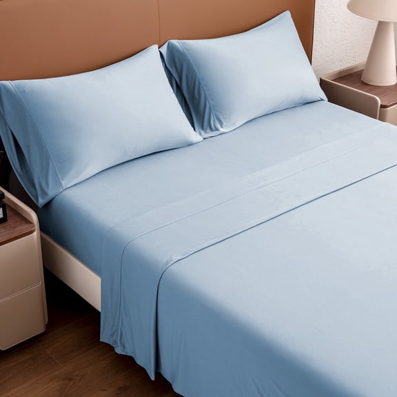 Sleep Zone Jersey Knit Sheet Set, Blue Twin, 3 Pieces, 14 Inch Deep Pocket Bedding