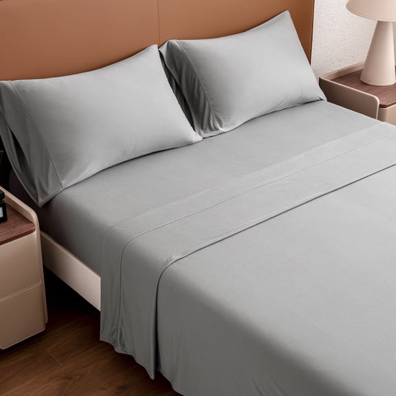 Sleep Zone Jersey Knit Sheet Set, Gray King, 4 Pieces, 14 Inch Deep Pocket Bedding