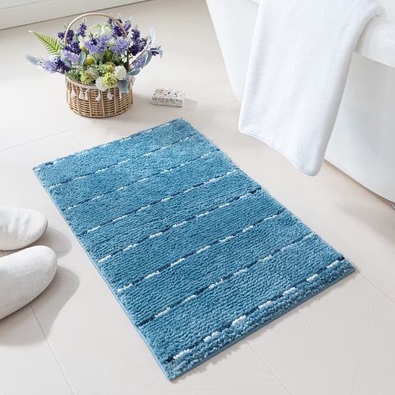 Sleep Zone Bathroom Rug 26"x18", Ultra Soft surface Striped Space-Dyed Bath Mat, Non-Slip Backing, Bath Mats for Bathroom Floor, Tub and Shower, Blue