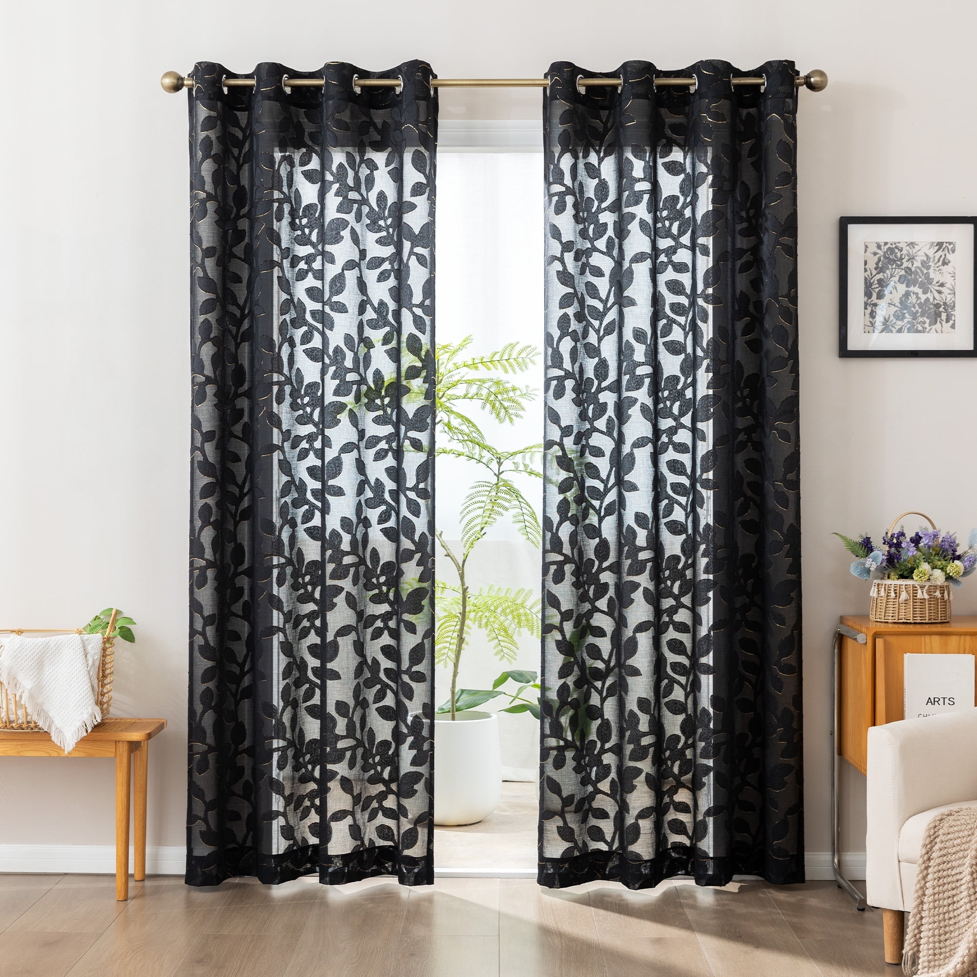 Sleep Zone Sheer Curtains Light Filtering Golden Edged Floral Gentle Window Treatment Drapes for Bedroom Living Room 2 Panels, 52" x 84" Black
