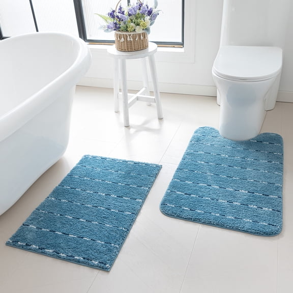 Sleep Zone Bathroom Rugs Bath Mat Set of 2 Ultra Soft surface Striped Space-Dyed, Non-Slip Backing, Bath Mats with U-Shaped Toilet for Bathroom Floor, Tub and Shower, Blue