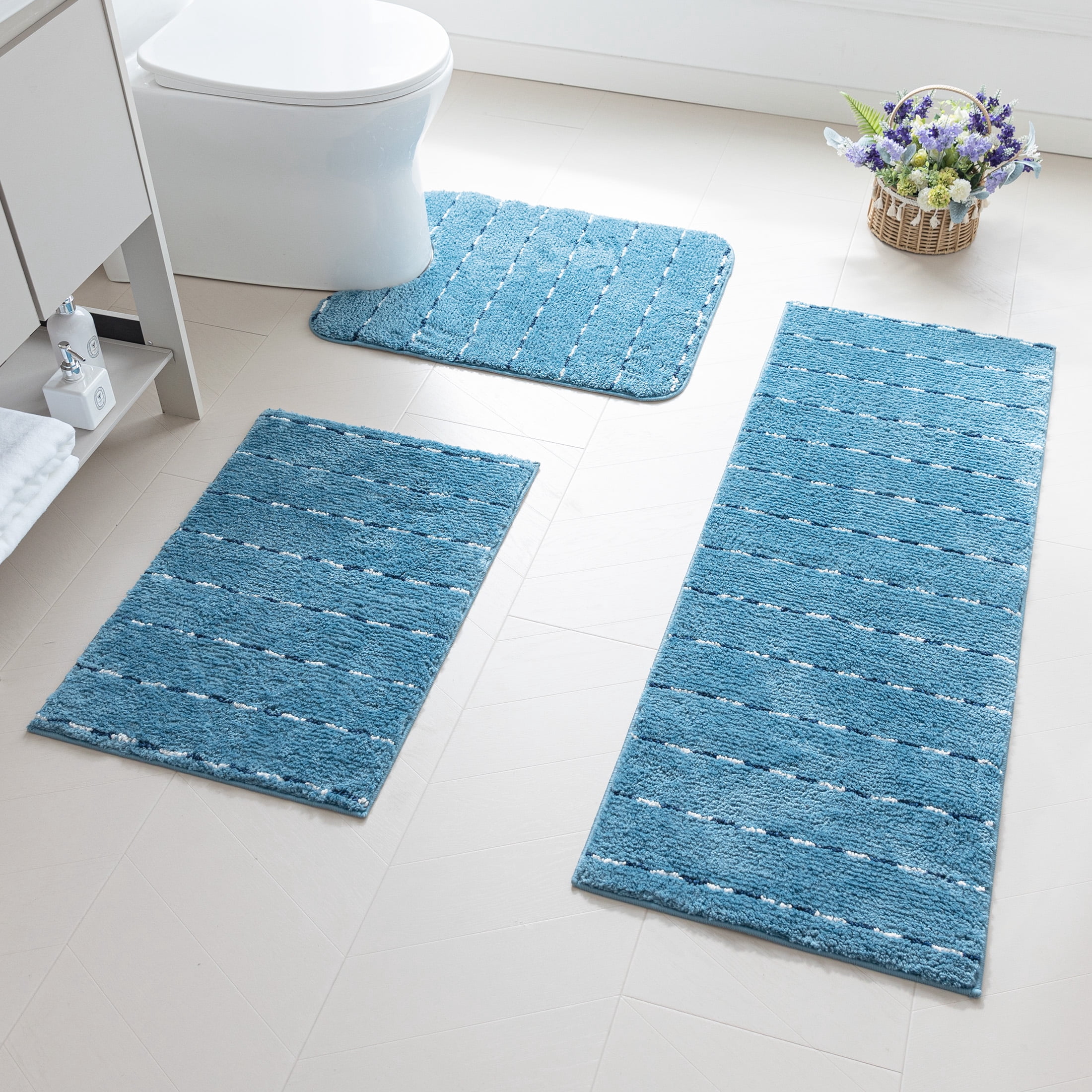 Sleep Zone Bathroom Rugs Bath Mat Set of 3 Ultra Soft surface Striped Space-Dyed, Non-Slip Backing, Bath Mats with U-Shaped Toilet for Bathroom Floor, Tub and Shower, Blue