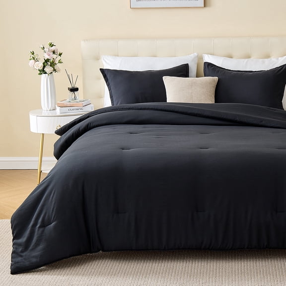 Sleep Zone 85gsm Luxury Plush Solid Microfiber Comforter Set, All Season Ultra Soft Bedding, Full Black
