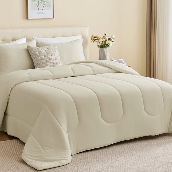Sleep Zone 145gsm Luxury Jersey-Knit Comforter Set, Ultra Soft All Season Bedding, Full Beige