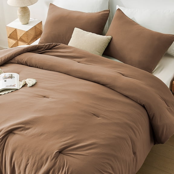Sleep Zone Queen Washed Microfiber Comforter Set, Brown, Soft & Breathable