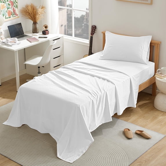 Sleep Zone Embossed Bed Sheets Set Twin,3 PiecesFour leaf clove,White