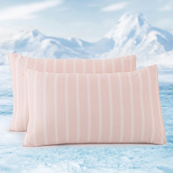 Sleep Zone Essential Cooling Stripe Pillowcases 2 Pack, Silky Cool Touch Pillow Cases for Hair & Skin, Breathable Moisture Wicking Pillow Covers, Envelope Closure (Pink, Queen)