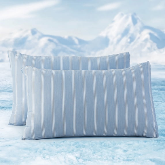 Sleep Zone Essential Cooling Stripe Pillowcases 2 Pack, Silky Cool Touch Pillow Cases for Hair & Skin, Breathable Moisture Wicking Pillow Covers, Envelope Closure (Blue, Standard)