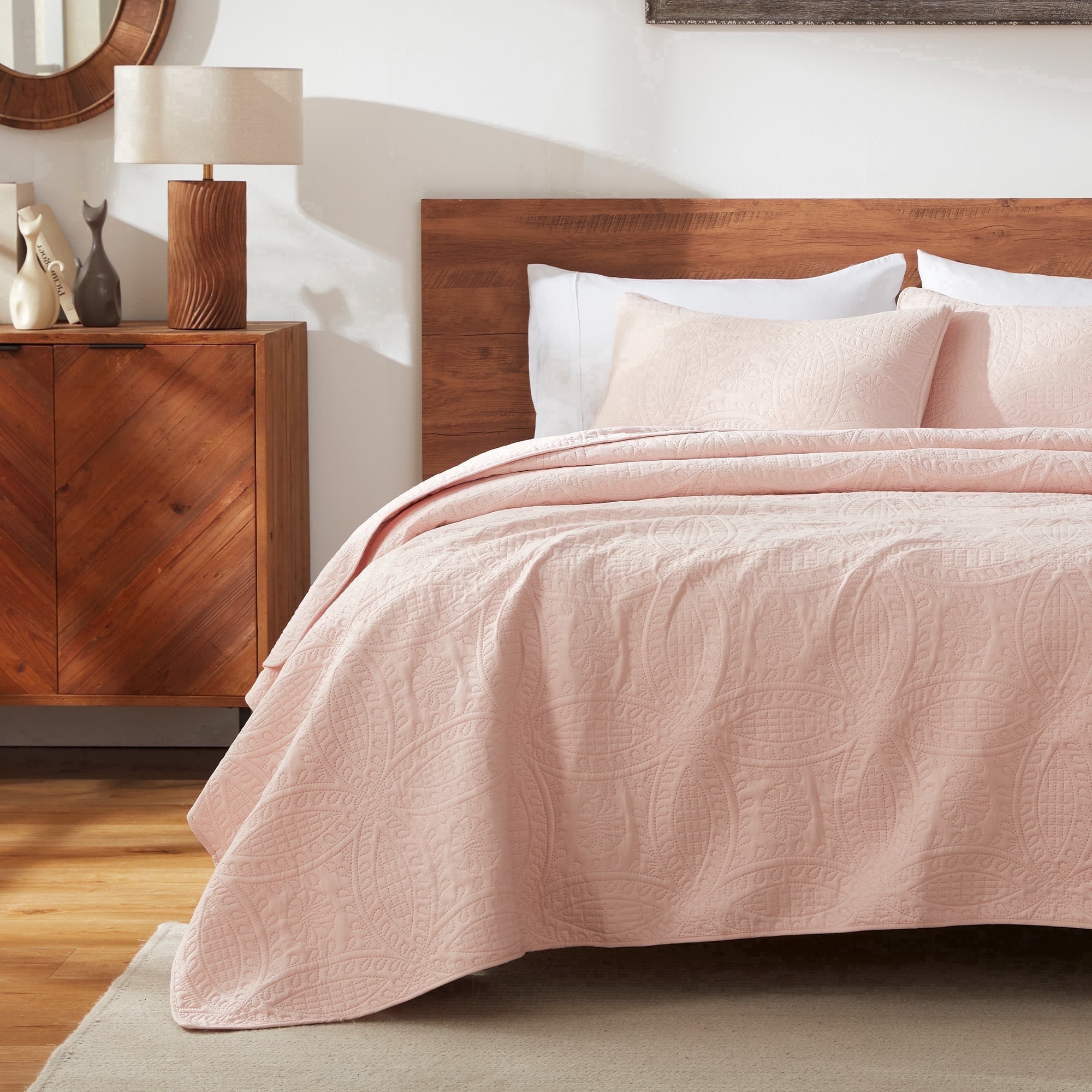 Sleep Zone Ultrasonic Medallion Quilt Set Full/Queen, Soft Lightweight Bedspread, All-Season Coverlet (Rose Pink, Full/Queen)