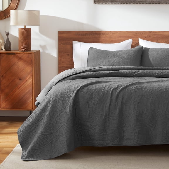 Sleep Zone Ultrasonic Medallion Quilt Set Full/Queen, Soft Lightweight Bedspread, Reversible All-Season Coverlet (Grey, Full/Queen)