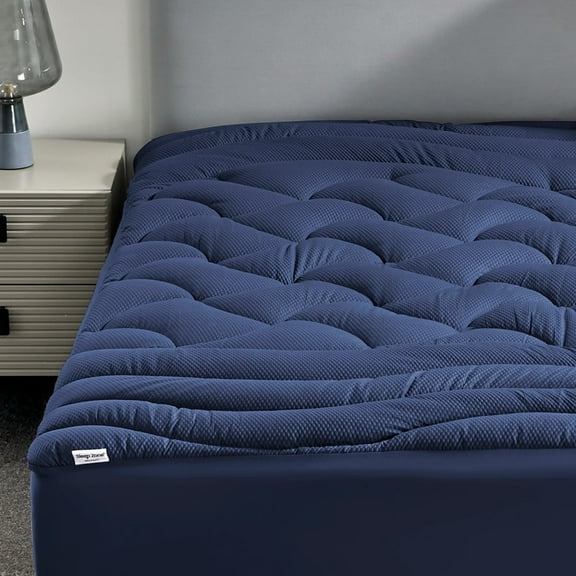 Sleep Zone Full Size Cooling Mattress Topper, Premium Zoned Cool Mattress Pad Cover, Padded Mattress Protector Breathable Washable, Deep Pocket 8-21" (Navy, Full)