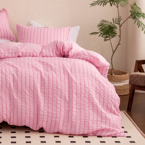Sleep Zone Striped Seersucker Duvet Cover Set, Pink, Full, OEKO-TEX Certified Soft Breathable Lightweight All Season Bedding, Hidden Zipper & Corner Ties