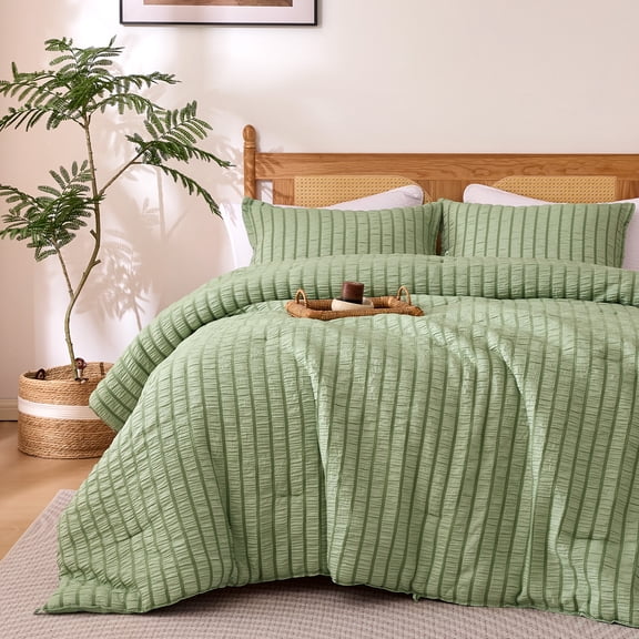 Sleep Zone Seersucker Stripe Comforter Set Full, OEKO-TEX Ultra-Soft Down Alternative Bedding, All-Season Breathable, Stay-Put Corner Loops, Machine Washable (Sage Green, Full)
