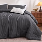 Sleep Zone Striped Jacquard Bedding Set Full Size, 3 Piece Luxury Ultra Soft Comforter Set, Lightweight Breathable & Durable Black Bedding Set