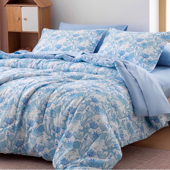 Sleep Zone Blue Starfish Soft Printed Comforter Bed in a Bag 5 Piece Twin