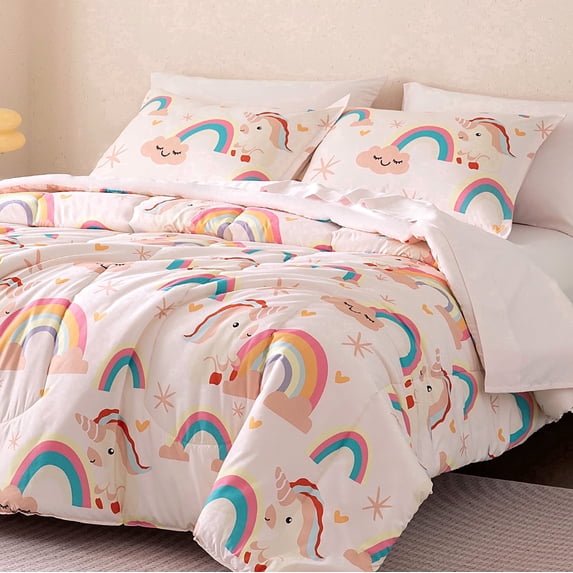 Sleep Zone Full/Queen Kids Bedding Comforter Set, 7 Piece Girl Cute Durable Children Bed in a Bag, Pastel Unicorn