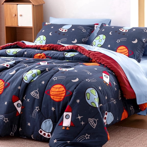 Sleep Zone Full Queen Kids Bedding Comforter Set, 7 Piece Cool Durable Children Bed in a Bag, Space Adventure