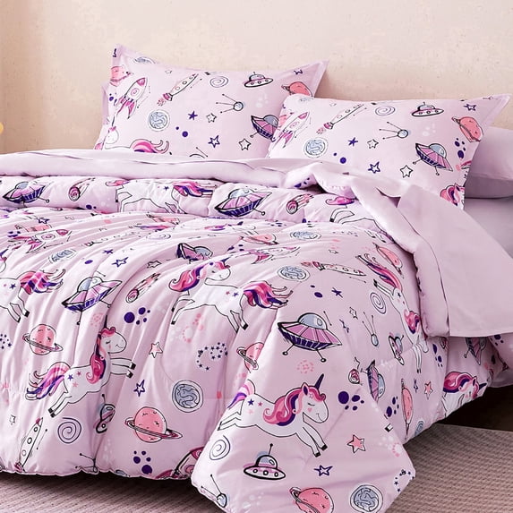 Sleep Zone Twin Kids Bedding Comforter Set, 5 Piece Girl Cute Durable Children Bed in a Bag, Space Unicorn