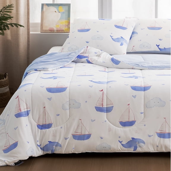 Sleep Zone Kids Cooling Comforter Set Full/Queen Size, Soft Breathable Bedding with Pillow Shams (Sailboat Whale)
