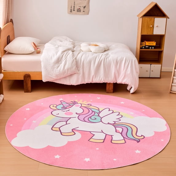 Sleep Zone 4' Round Kids Rainbow Unicorn Area Rug, Kids Playmat Area Rug for Bedroom Kids Room