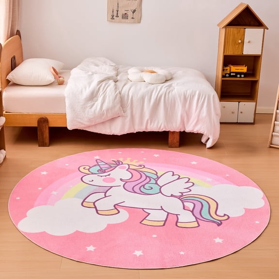 Sleep Zone 6' Round Kids Rainbow Unicorn Area Rug, Kids Playmat Area Rug for Bedroom Kids Room