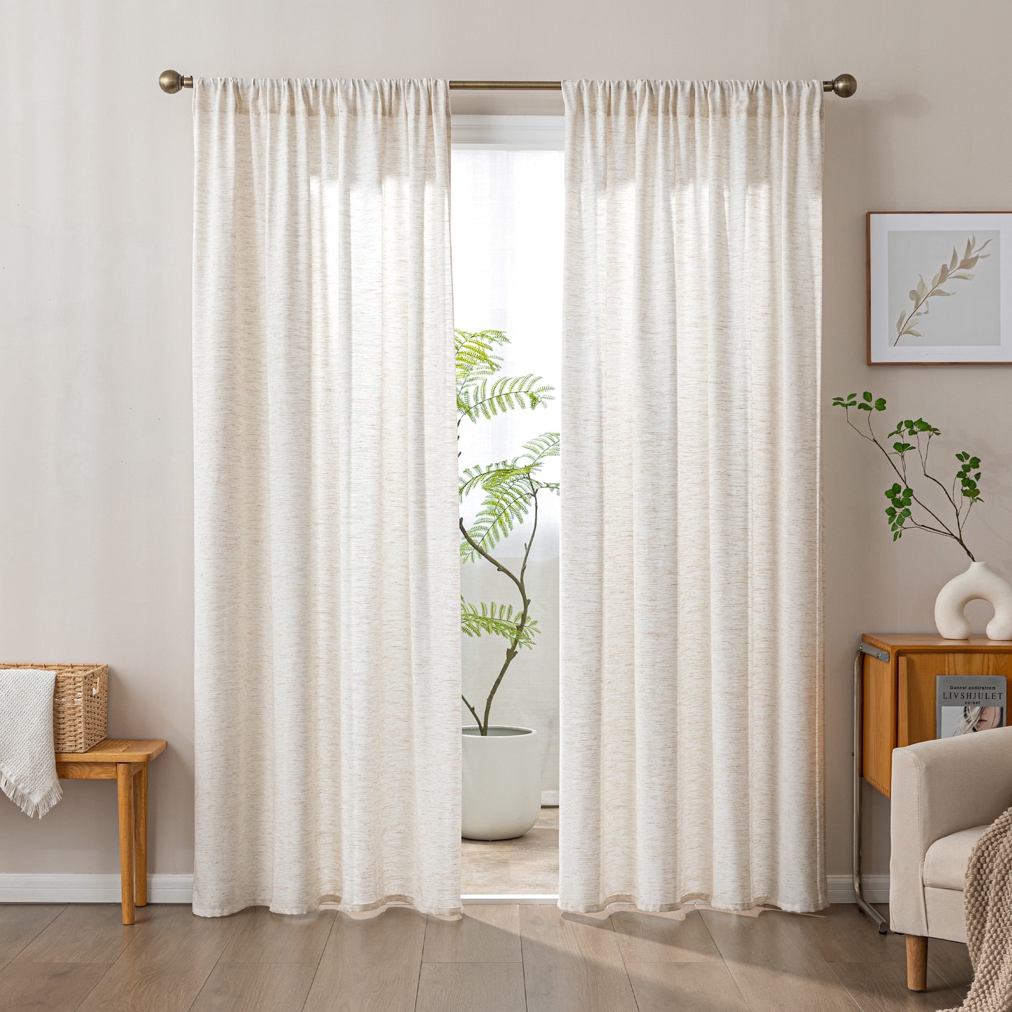 Sleep Zone Flax Linen Blended Sheer Curtains Pack of 2, Semi Panel Curtains Living Room, 52" x 84" Beige