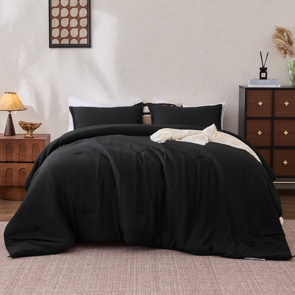Sleep Zone Seersucker Comforter Set Queen Size, 3 Piece Luxury Ultra Soft Bedding, Lightweight Breathable & Durable Black Bedding Set