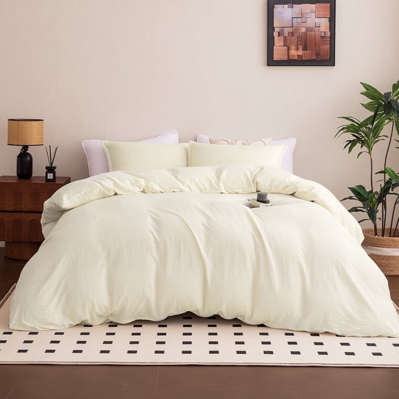 Sleep Zone Seersucker Ruffled Duvet Cover Set Queen, Soft Breathable Bedding Set, Wrinkle Resistant, Modern Textured, All Season Use (Beige, Queen)