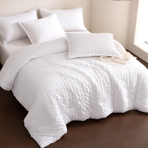 Sleep Zone Seersucker Comforter Set, 3 Piece Soft Washed Brushed Bedding Set, White Full