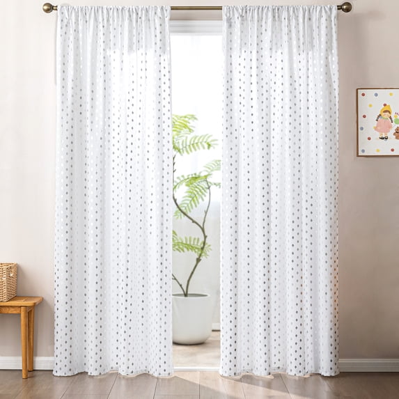 Sleep Zone Jacquard Semi Sheer Curtains 52×84in White, Silver Leaf Polka Pattern Pack of 2