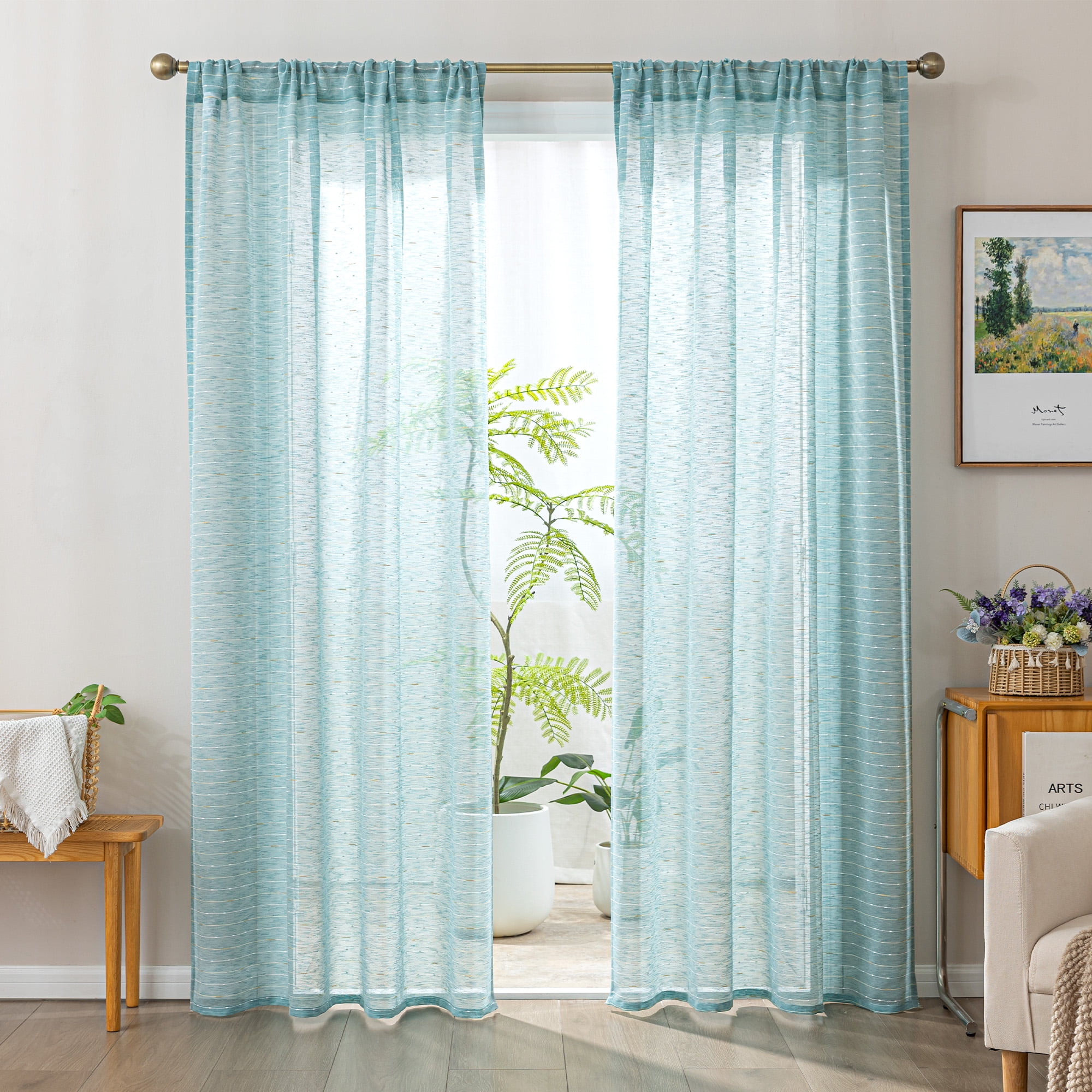 Sleep Zone Striped Jacquard Sheer Curtains Ocean Wave, Light Filtering Privacy and Elegant Drape Curtain Panels Living Room Bedroom 2 Panels, 52" x 84" Blue