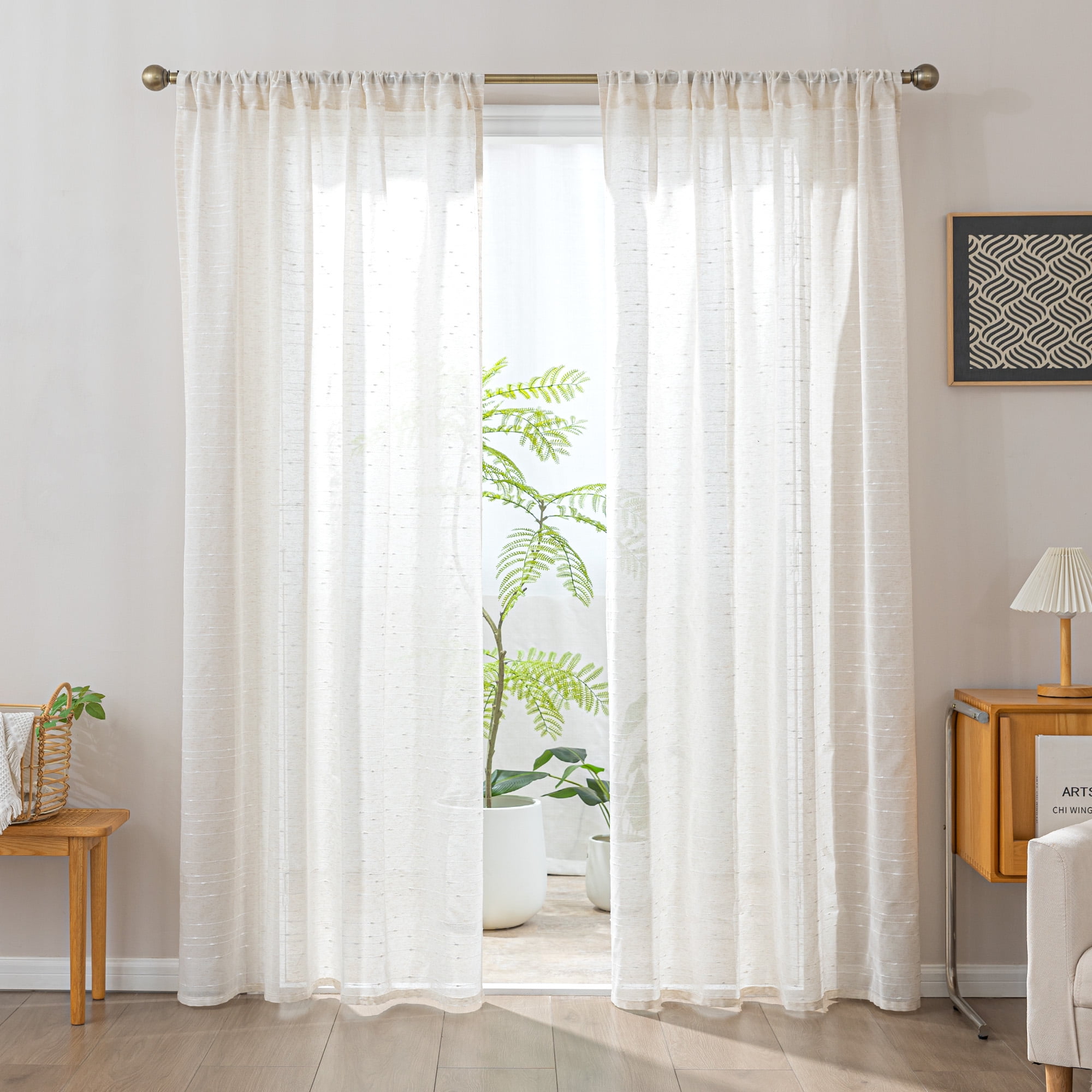 Sleep Zone Striped Jacquard Linen Sheer Curtains, Semi-Sheer Window Curtain Panels Living Room, Semitransparent Soft Privacy Drapes 2 Panels, 52" x 84" Beige
