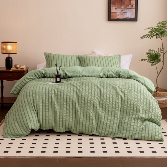Sleep Zone Striped Seersucker Duvet Cover Set Twin/Twin XL, OEKO-TEX Soft Breathable Bedding, Lightweight All-Season Use, Hidden Zipper & Corner Ties, Machine Washable (Sage Green, Twin/Twin XL)