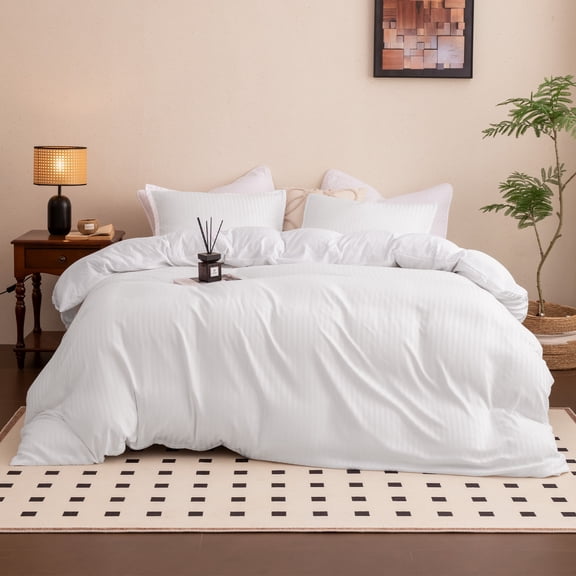 Sleep Zone Washed Jacquard Stripe Duvet Cover Set Twin/Twin XL, OEKO-TEX Soft Breathable Bedding, Lightweight All-Season Use, Hidden Zipper & Corner Ties, Machine Washable (White, Twin/Twin XL)