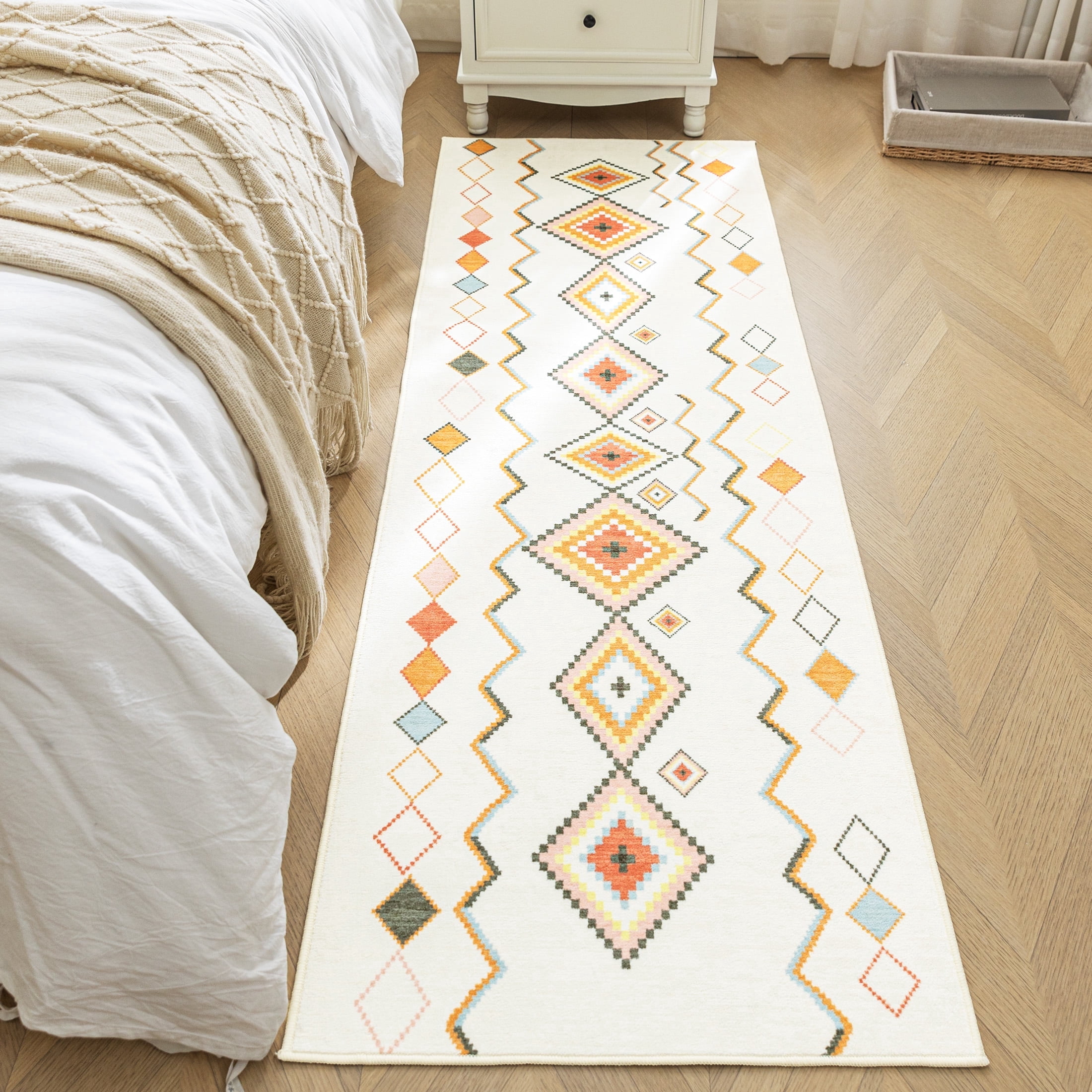 Sleep Zone 2x6 Washable Non Slip Area Rug Boho Rhombus, Wave edge Scalloped Water Resistant Rug for Bedroom Living room
