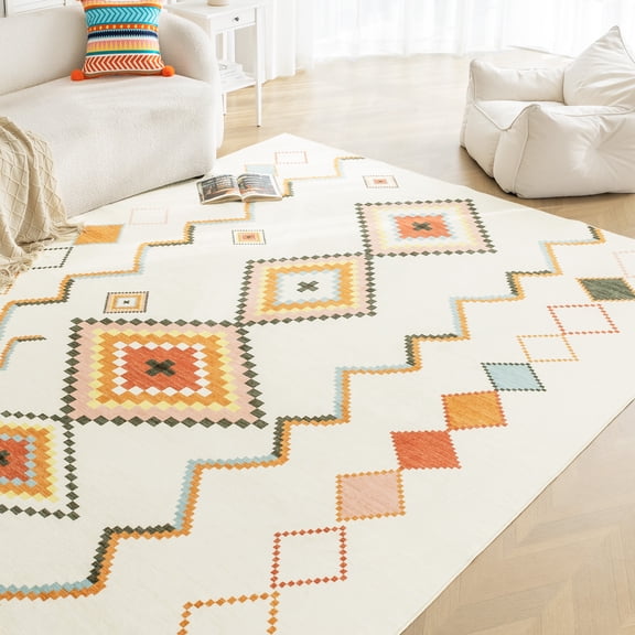 Sleep Zone 5x8 Washable Non Slip Area Rug Boho Rhombus, Wave edge Scalloped Water Resistant Rug for Bedroom Living room