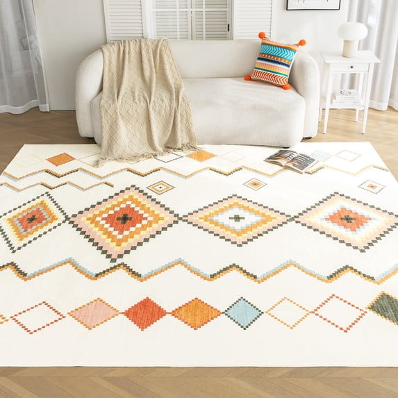 Sleep Zone 6x9 Washable Non Slip Area Rug Boho Rhombus, Wave edge Scalloped Water Resistant Rug for Bedroom Living room