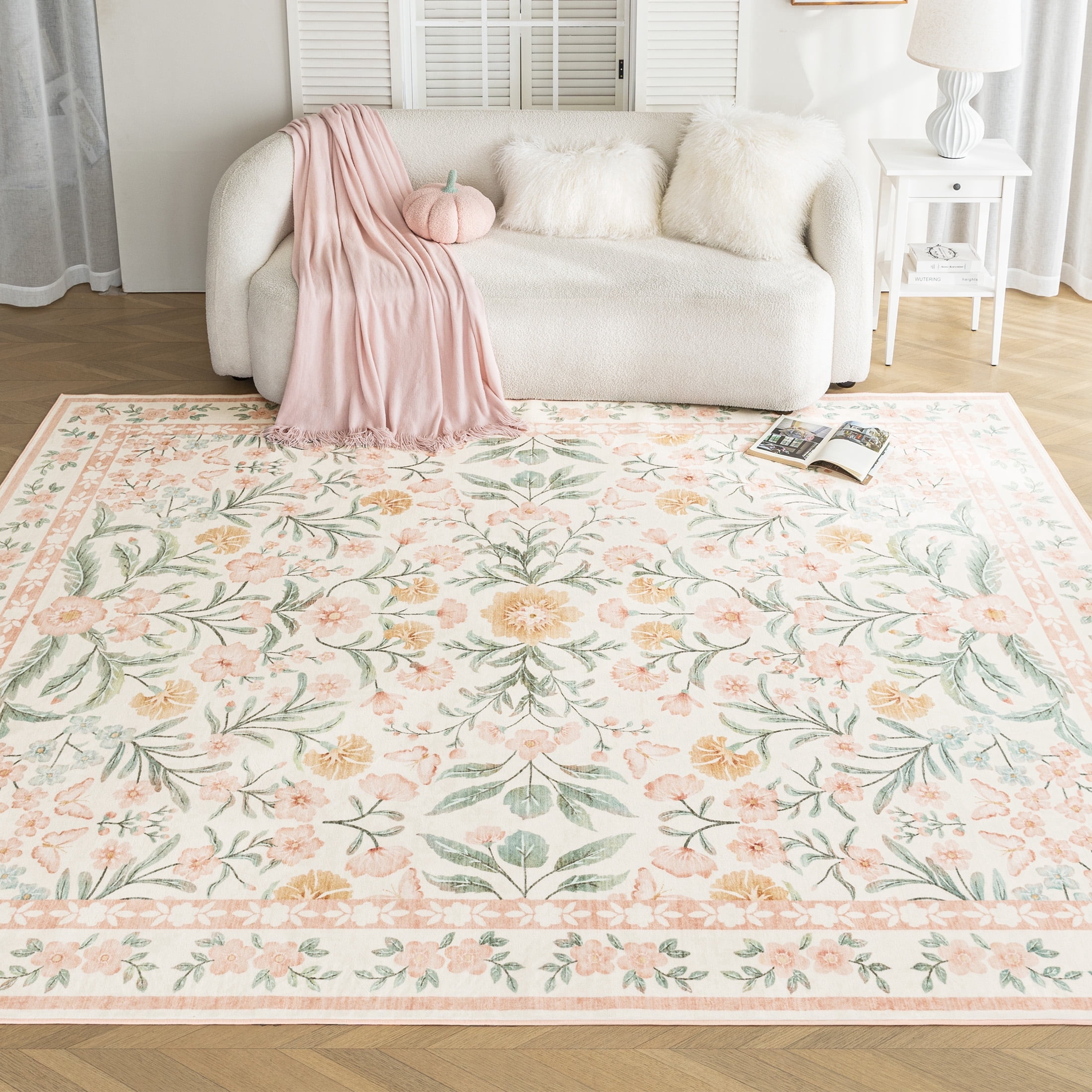 Sleep Zone 4x6 Washable Non Slip Area Rug Elegant Floral, Wave edge Scalloped Water Resistant Rug for Bedroom Living room