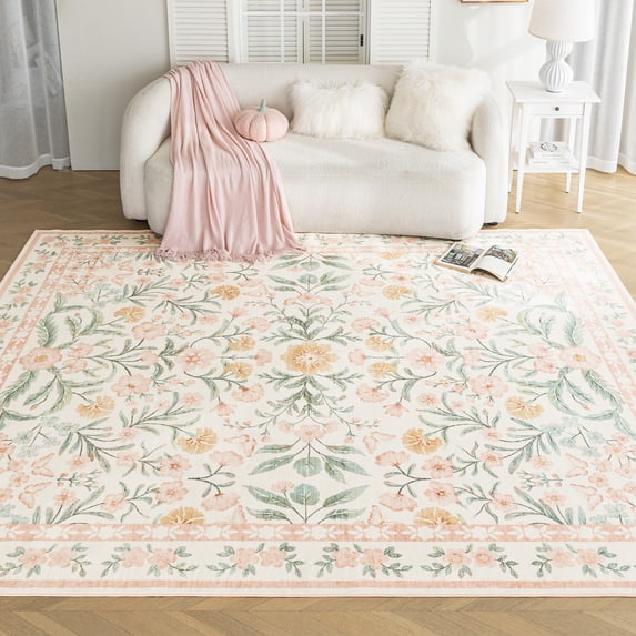 Sleep Zone 4x6 Area Rug for Bedroom, Washable Area Rug Non Slip Carpet for Livingroom, Abstract Vintage Low Pile Water Resistant Rugs Indoor, Elegant Floral