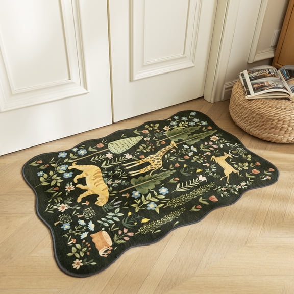 Sleep Zone 2x3 Washable Non Slip Area Rug Forest Creatures, Wave edge Scalloped Water Resistant Rug for Bedroom Living room