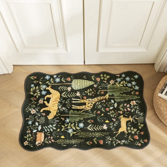 Sleep Zone 2x3 Washable Non Slip Area Rug Forest Creatures, Wave edge Scalloped Water Resistant Rug for Bedroom Living room