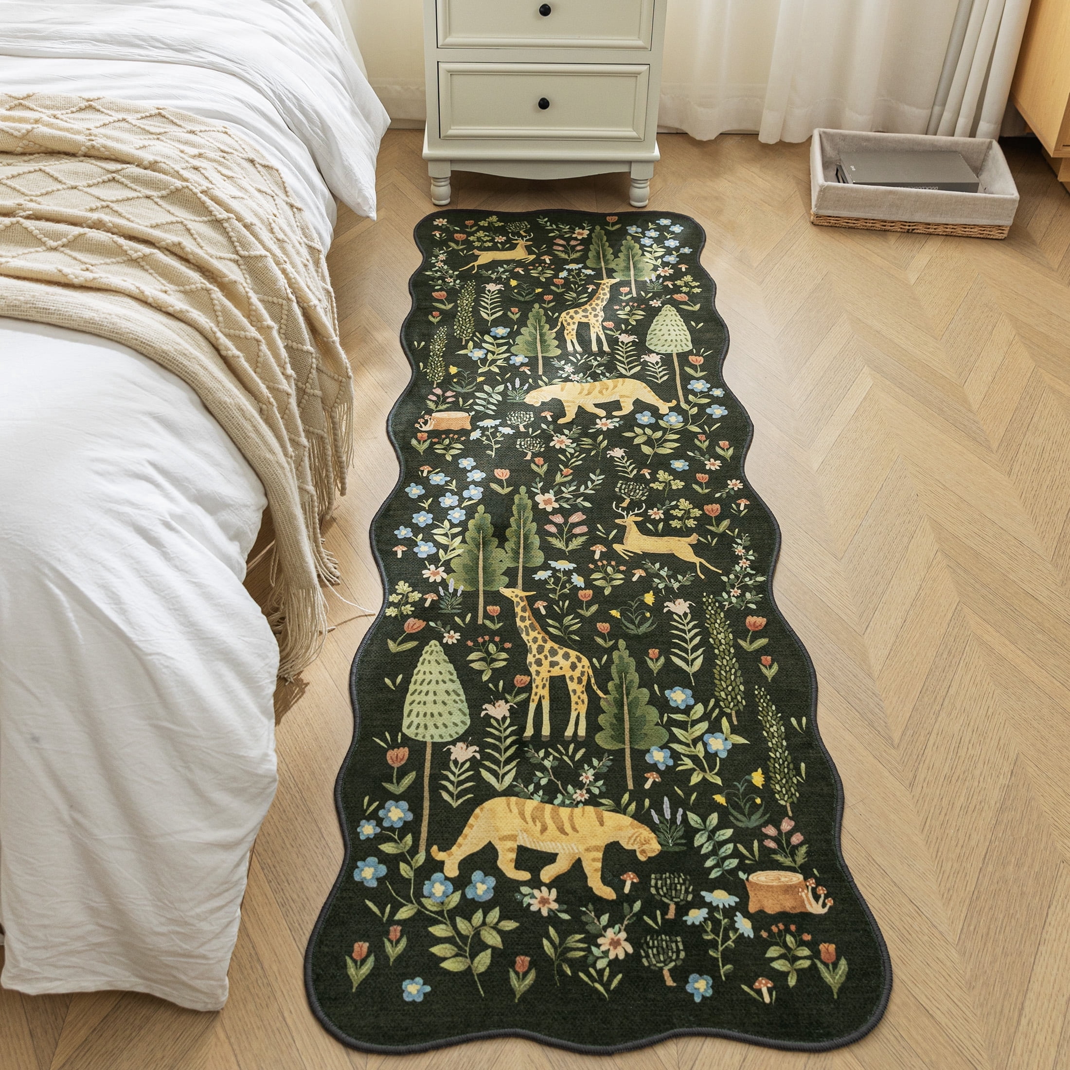 Sleep Zone 2x6 Washable Non Slip Area Rug Forest Creatures, Wave edge Scalloped Water Resistant Rug for Bedroom Living room