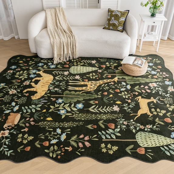 Sleep Zone 4x6 Area Rug for Bedroom, Washable Area Rug Non Slip Carpet for Livingroom, Abstract Vintage Low Pile Water Resistant Rugs Indoor, Forest Creatures