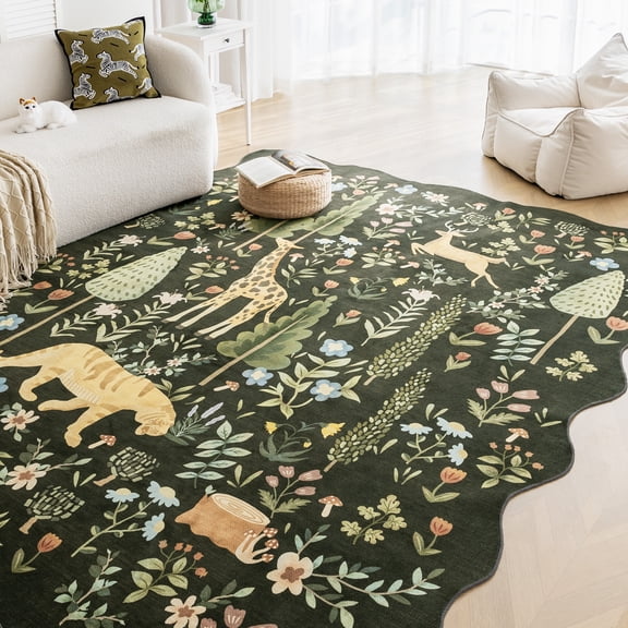 Sleep Zone 5x8 Washable Non Slip Area Rug Forest Creatures, Wave edge Scalloped Water Resistant Rug for Bedroom Living room