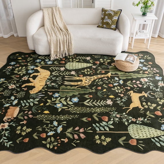 Sleep Zone 6x9 Area Rug for Bedroom, Washable Area Rug Non Slip Carpet for Livingroom, Abstract Vintage Low Pile Water Resistant Rugs Indoor, Forest Creatures