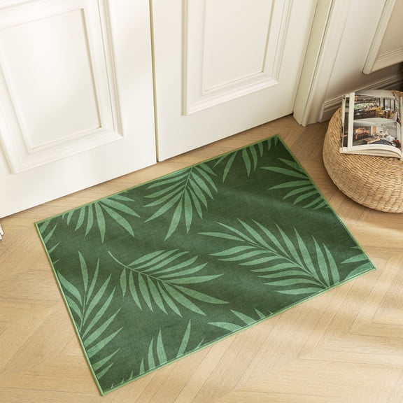 Sleep Zone 2x3 Washable Non Slip Area Rug Green Palm Leaf, Wave edge Scalloped Water Resistant Rug for Bedroom Living room