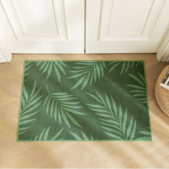 Sleep Zone 2x3 Washable Non Slip Area Rug Green Palm Leaf, Wave edge Scalloped Water Resistant Rug for Bedroom Living room
